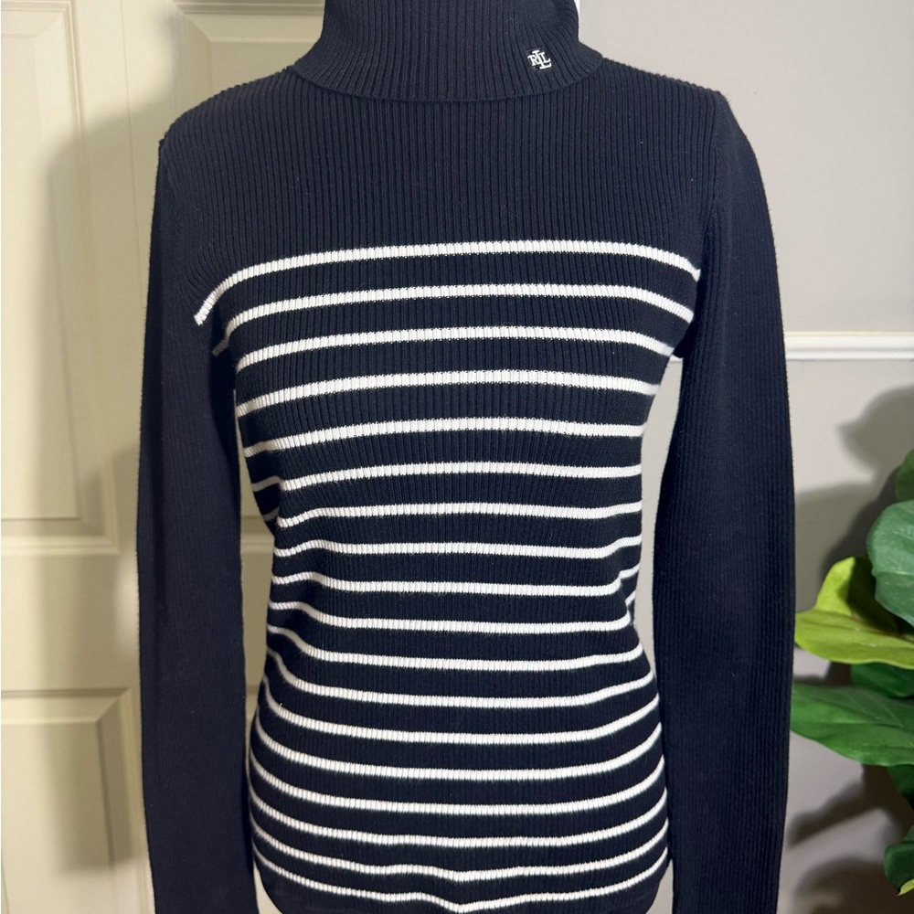 Ralph Lauren Black and White Striped Turtleneck Sweater